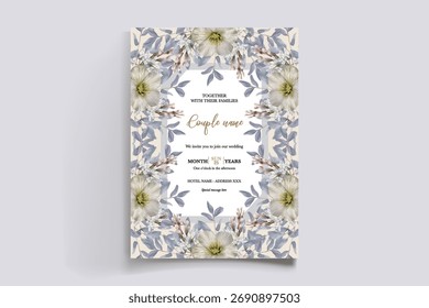 WEDDING INVITATION FRAME WITH FLOWER DECORATIONS AND FRESH LEAVES