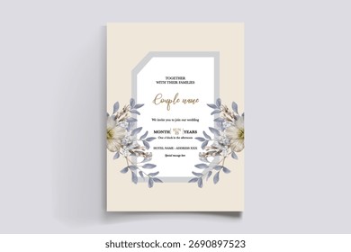 WEDDING INVITATION FRAME WITH FLOWER DECORATIONS AND FRESH LEAVES