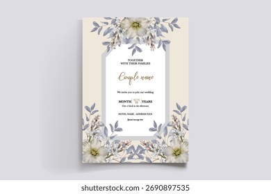 QUADRO DE CONVITE DE CASAMENTO COM DECORAÇÕES DE FLORES E FOLHAS FRESCAS