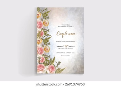 WEDDING INVITATION FRAME WITH FLOWER DECORATIONS AND FRESH LEAVES