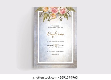 WEDDING INVITATION FRAME WITH FLOWER DECORATIONS AND FRESH LEAVES