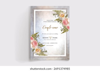 WEDDING INVITATION FRAME WITH FLOWER DECORATIONS AND FRESH LEAVES