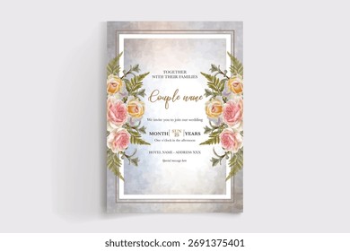 WEDDING INVITATION FRAME WITH FLOWER DECORATIONS AND FRESH LEAVES