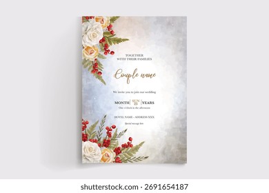 WEDDING INVITATION FRAME WITH FLOWER DECORATIONS AND FRESH LEAVES
