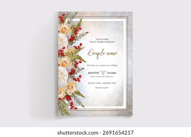 WEDDING INVITATION FRAME WITH FLOWER DECORATIONS AND FRESH LEAVES