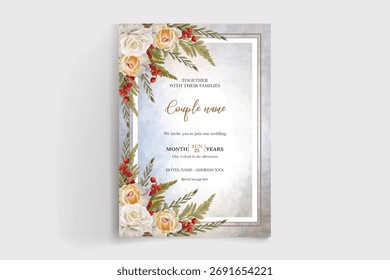 WEDDING INVITATION FRAME WITH FLOWER DECORATIONS AND FRESH LEAVES