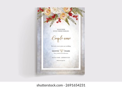 MARCO DE INVITACIÓN DE BODA CON DECORACIONES FLORALES Y HOJAS FRESCAS