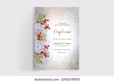 QUADRO DE CONVITE DE CASAMENTO COM DECORAÇÕES DE FLORES E FOLHAS FRESCAS