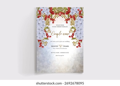 WEDDING INVITATION FRAME WITH FLOWER DECORATIONS AND FRESH LEAVES