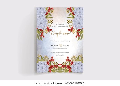 HOCHZEITSEINLADUNGSRAHMEN MIT BLUMENDEKORATIONEN UND FRISCHEN BLÄTTERN