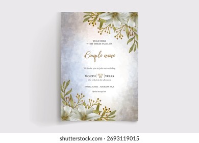 QUADRO DE CONVITE DE CASAMENTO COM DECORAÇÕES DE FLORES E FOLHAS FRESCAS