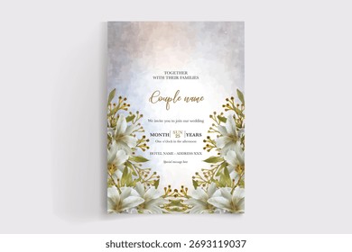 WEDDING INVITATION FRAME WITH FLOWER DECORATIONS AND FRESH LEAVES