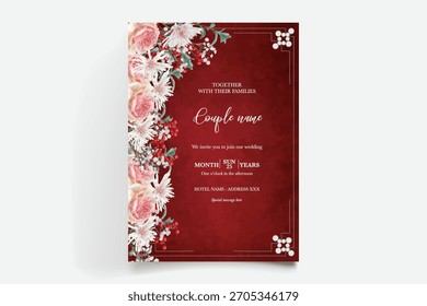 QUADRO DE CONVITE DE CASAMENTO COM DECORAÇÕES DE FLORES E FOLHAS FRESCAS