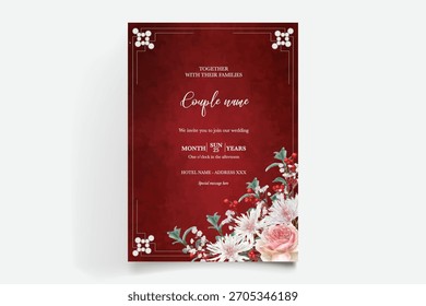 HOCHZEITSEINLADUNGSRAHMEN MIT BLUMENDEKORATIONEN UND FRISCHEN BLÄTTERN