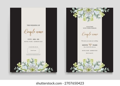 WEDDING INVITATION FRAME WITH FLOWER DECORATIONS AND FRESH LEAVES
