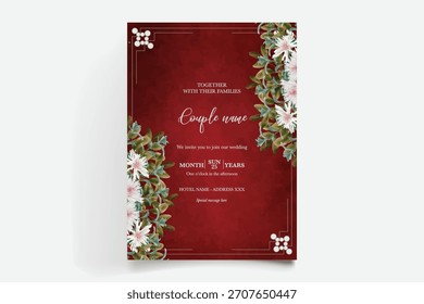 HOCHZEITSEINLADUNGSRAHMEN MIT BLUMENDEKORATIONEN UND FRISCHEN BLÄTTERN