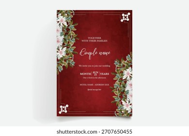 WEDDING INVITATION FRAME WITH FLOWER DECORATIONS AND FRESH LEAVES