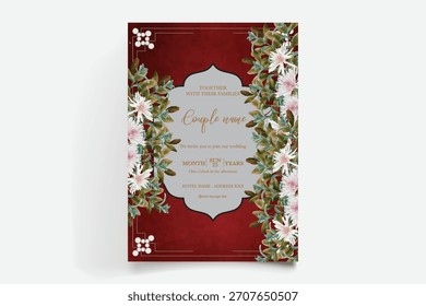 HOCHZEITSEINLADUNGSRAHMEN MIT BLUMENDEKORATIONEN UND FRISCHEN BLÄTTERN