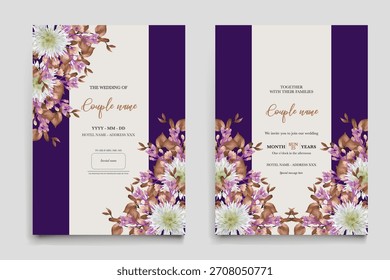 WEDDING INVITATION FRAME WITH FLOWER DECORATIONS AND FRESH LEAVES