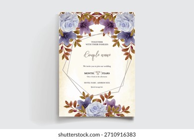 WEDDING INVITATION FRAME WITH FLOWER DECORATIONS AND FRESH LEAVES