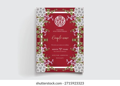 WEDDING INVITATION FRAME WITH FLOWER DECORATIONS AND FRESH LEAVES