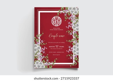 WEDDING INVITATION FRAME WITH FLOWER DECORATIONS AND FRESH LEAVES
