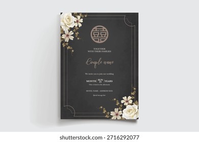 WEDDING INVITATION FRAME WITH FLOWER DECORATIONS AND FRESH LEAVES