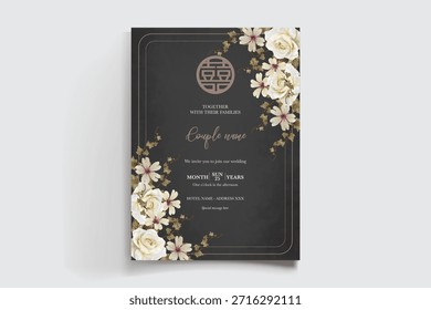 QUADRO DE CONVITE DE CASAMENTO COM DECORAÇÕES DE FLORES E FOLHAS FRESCAS