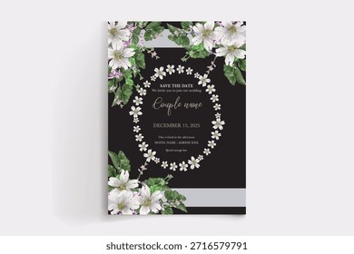 WEDDING INVITATION FRAME WITH FLOWER DECORATIONS AND FRESH LEAVES
