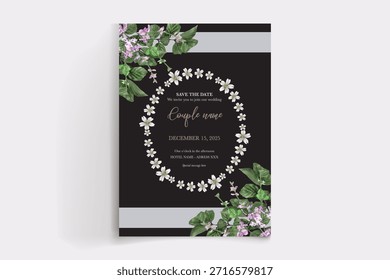 WEDDING INVITATION FRAME WITH FLOWER DECORATIONS AND FRESH LEAVES