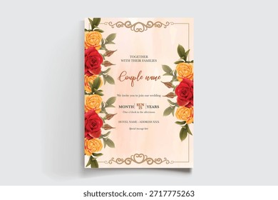 HOCHZEITSEINLADUNGSRAHMEN MIT BLUMENDEKORATIONEN UND FRISCHEN BLÄTTERN