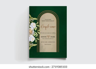 WEDDING INVITATION FRAME WITH FLOWER DECORATIONS AND FRESH LEAVES