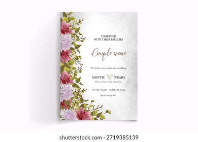 WEDDING INVITATION FRAME WITH FLOWER DECORATIONS AND FRESH LEAVES