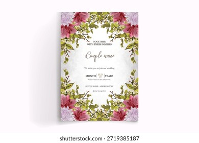 WEDDING INVITATION FRAME WITH FLOWER DECORATIONS AND FRESH LEAVES
