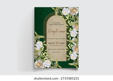 QUADRO DE CONVITE DE CASAMENTO COM DECORAÇÕES DE FLORES E FOLHAS FRESCAS