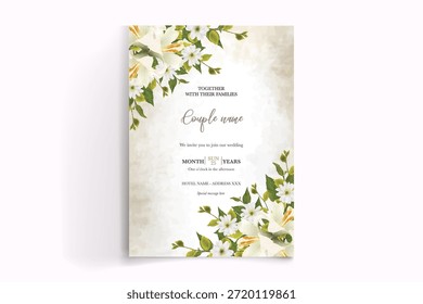 QUADRO DE CONVITE DE CASAMENTO COM DECORAÇÕES DE FLORES E FOLHAS FRESCAS