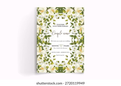 QUADRO DE CONVITE DE CASAMENTO COM DECORAÇÕES DE FLORES E FOLHAS FRESCAS