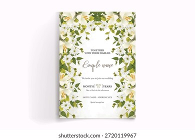 QUADRO DE CONVITE DE CASAMENTO COM DECORAÇÕES DE FLORES E FOLHAS FRESCAS