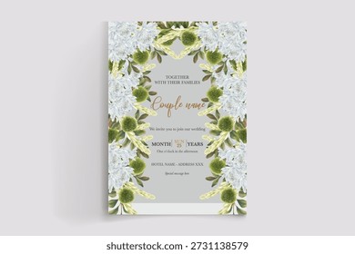 WEDDING INVITATION FRAME WITH FLOWER DECORATIONS AND FRESH LEAVES
