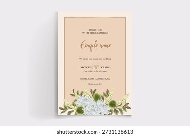 MARCO DE INVITACIÓN DE BODA CON DECORACIONES FLORALES Y HOJAS FRESCAS