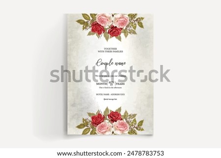 WEDDING INVITATION FRAME WITH FLOWER DECORATIONS AND FRESH LEAVES 