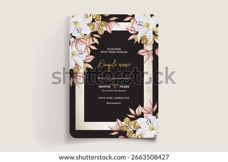 WEDDING INVITATION FRAME WITH FLOWER DECORATIONS AND FRESH LEAVES
