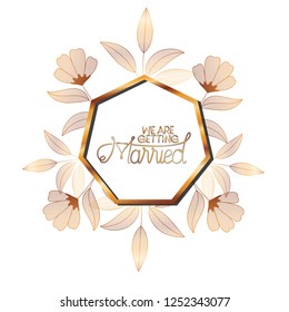 wedding invitation in frame golden with flowers