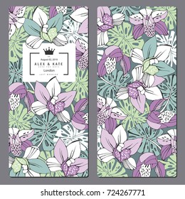Wedding invitation frame with orchid and monstera leafs.