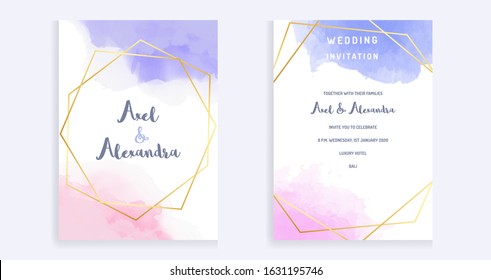 Wedding invitation frame, rsvp, save the date card design with splash violet and pink watercolours isolated. Sketched Vintage frame vector image