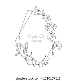 Wedding invitation frame; sea elements, flowers, leaves, isolated on white. Decorative elegant card. Sketched floral branches, shell, rose, algae, geometric frame. Vector sea template.