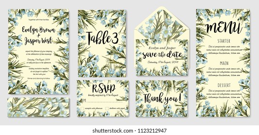 Wedding invitation frame set; blue wax flowers, leaves, watercolor. Hand drawn Vector Watercolor style, nature art.  Save date, thank you, rsvp, menu, label, envelope