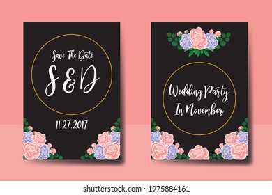 Wedding invitation frame set, digital art hand drawn Watercolor Pink and Purple Rose Flower design Invitation Card Template