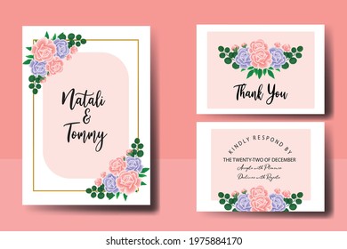 Wedding invitation frame set, digital art hand drawn Watercolor Pink and Purple Rose Flower design Invitation Card Template