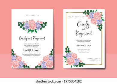 Wedding invitation frame set, digital art hand drawn Watercolor Pink and Purple Rose Flower design Invitation Card Template